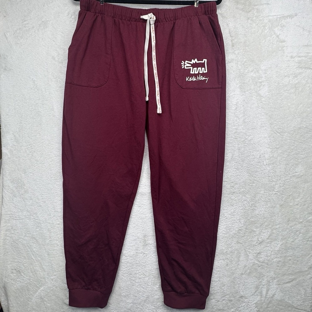 Keith Haring Jogger Sweatpants Men's M Maroon Drawstring Art Graphic